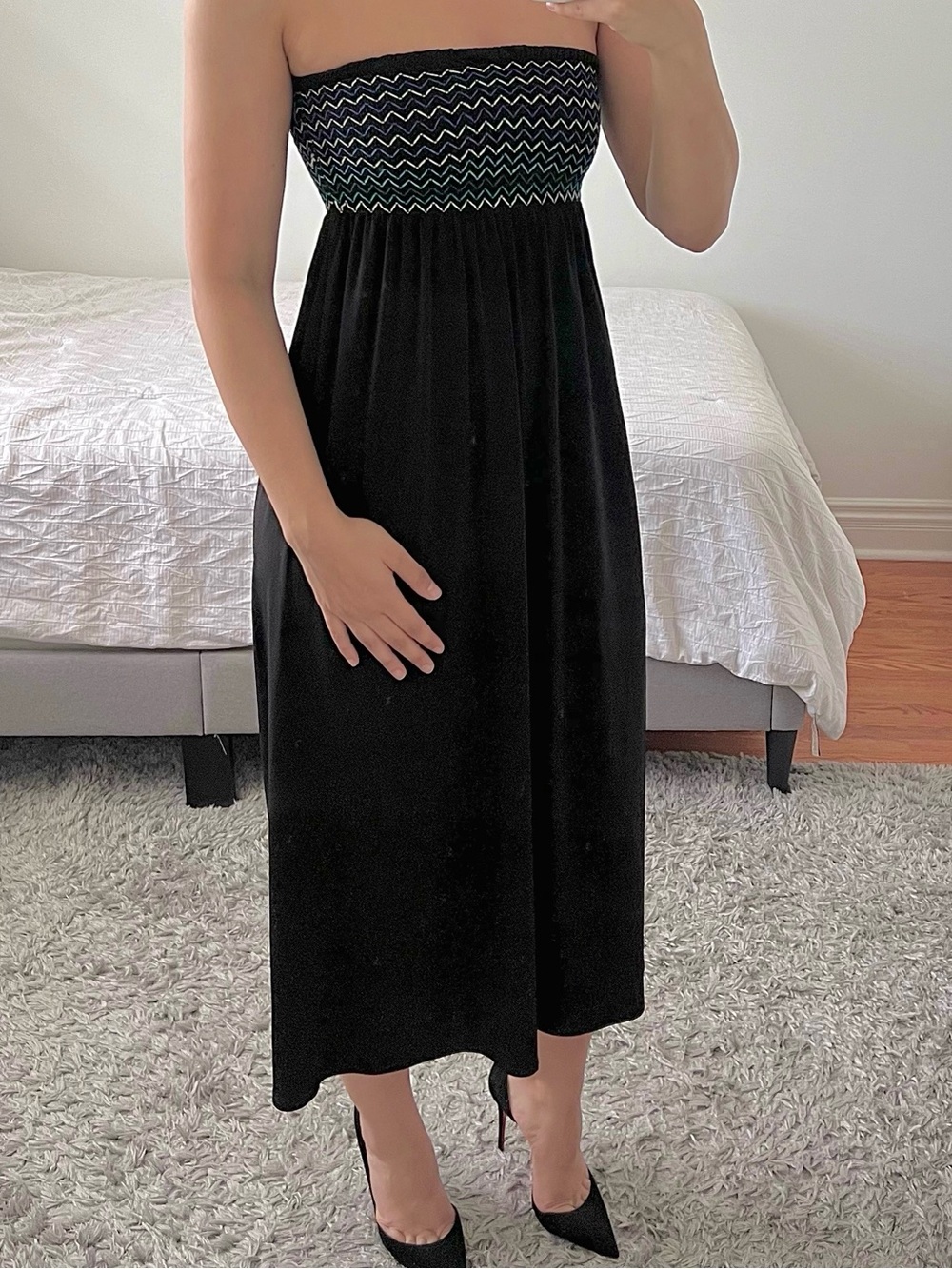 Alyn Paige Black Strapless Midi Dress with Smocked Zigzag Bodice